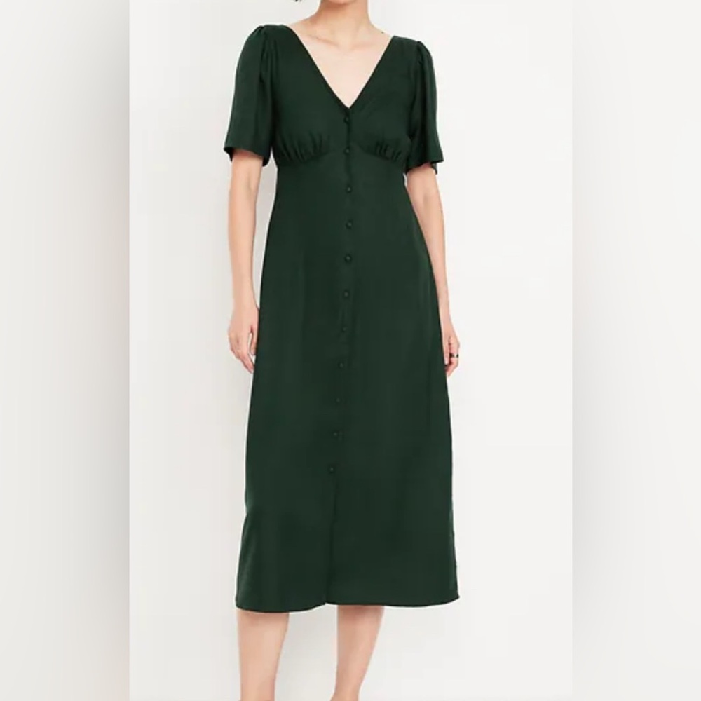 Old Navy Button-Down Crepe Midi Dress Size XS Dark Green Flutter Sleeves Easter
